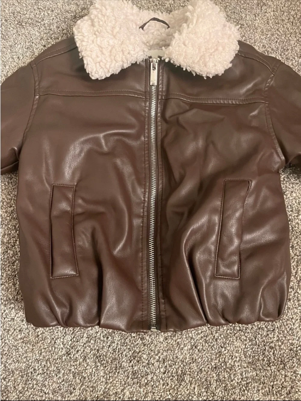 Abercrombie Kids Brown Faux Leather Sherpa Collar Bomber Jacket Boys Girls 5/6